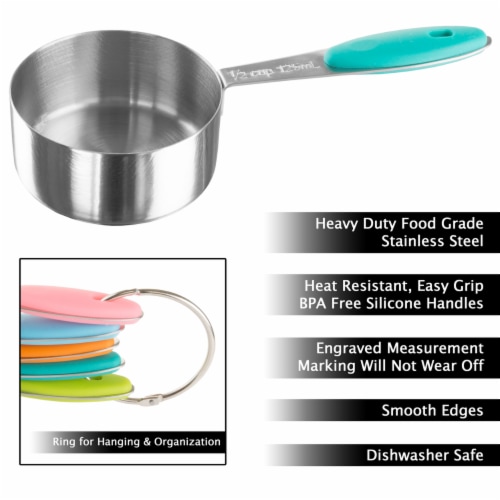 Stainless Steel Measuring Cups Set of 5 on Ring Space Saving Stacks Inside Cups and Metric Perspective: top