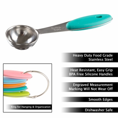 Stainless Steel Measuring Spoons on Ring Silicone Handles Set of 5 Tbsp Tsp and Metric Perspective: top