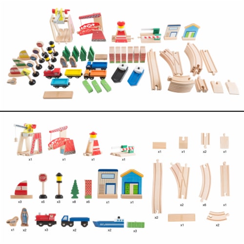 Hey Play 65 Pc Wooden Train Set With Play Mat 33X22 Inches For Kids Toddlers Boys Girls 65pcs 33x22 play mat Mariano s
