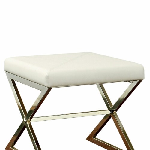 Benjara 20  Contemporary Leather Upholstery Stool with Metal Base in White Perspective: top