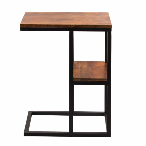 Benzara Iron Framed Mango Wood Accent Table - Brown Perspective: top