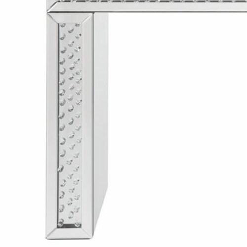Mirror Accented Wood And Glass Vanity Desk With Faux Crystal Inlay, Silver Perspective: top