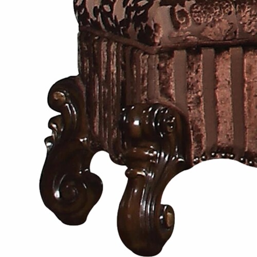 Tufted Fabric Upholstered Wooden Vanity Stool With Scrolled Legs, Cherry Oak Brown Perspective: top
