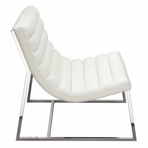 Leather Upholstered Lounge Chair with Channel Tufting Details  and Steel Frame, White  and Perspective: top
