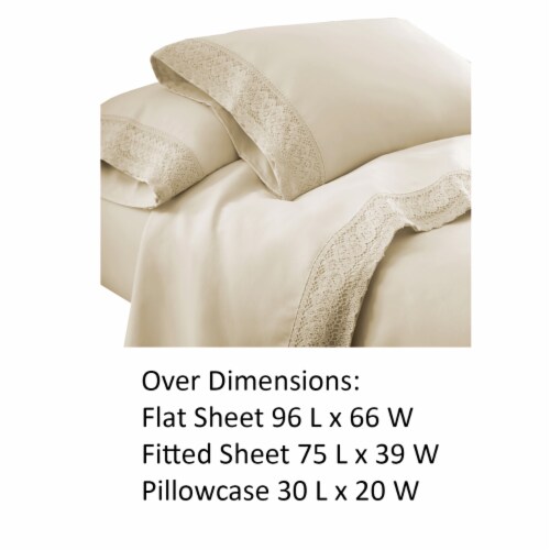Udine 3 Piece Twin Size Microfiber Sheet Set with Crochet lace The Urban Port, Cream- Saltoro Perspective: top