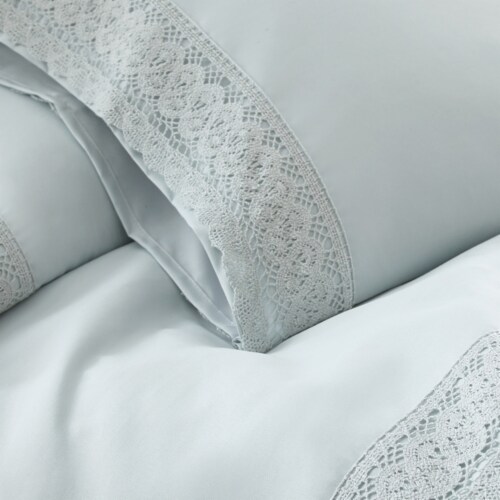 Udine 3 Piece Twin Size Crochet lace Microfiber Sheet Set The Urban Port, Light Blue Perspective: top