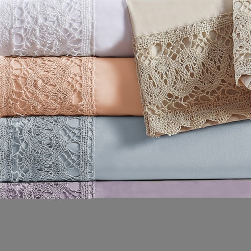 Udine 4 Piece Queen Size Microfiber Sheet Set with Crochet Lace The Urban Port, White Perspective: top
