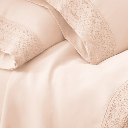 Udine 4 Piece King Size Microfiber Sheet Set with Crochet Lace The Urban Port, Pink Perspective: top