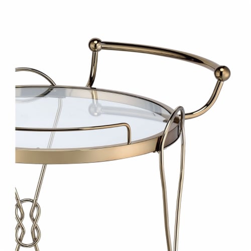 Serving Cart with 2 Glass Shelves and Caster Support, Gold and Clear- Saltoro Sherpi Perspective: top