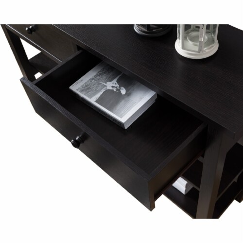 Two Drawer Console Table with Two Open Shelves and Block Legs, Dark Brown- Saltoro Sherpi Perspective: top