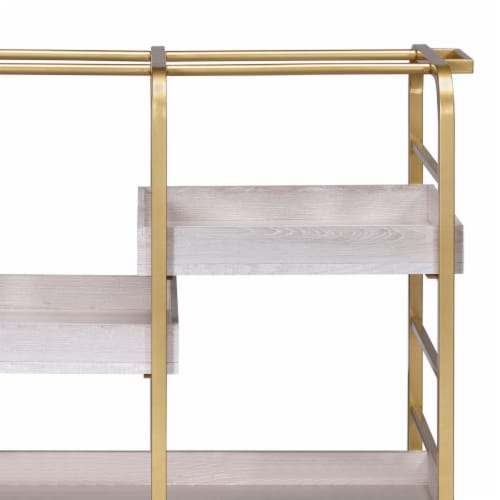 Metal Frame Serving Cart with Adjustable Compartments,Gold and Washed White- Saltoro Sherpi Perspective: top