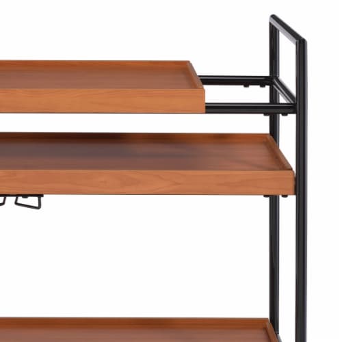 Metal Frame Serving Cart with Adjustable Compartments, Oak Brown and Black- Saltoro Sherpi Perspective: top