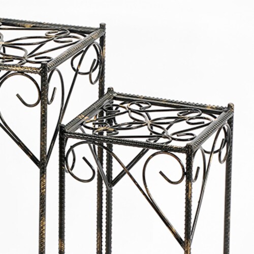 Benjara BM216726 Scrolled Metal Frame Plant Stand with Square Top, Black - Set of 2 Perspective: top