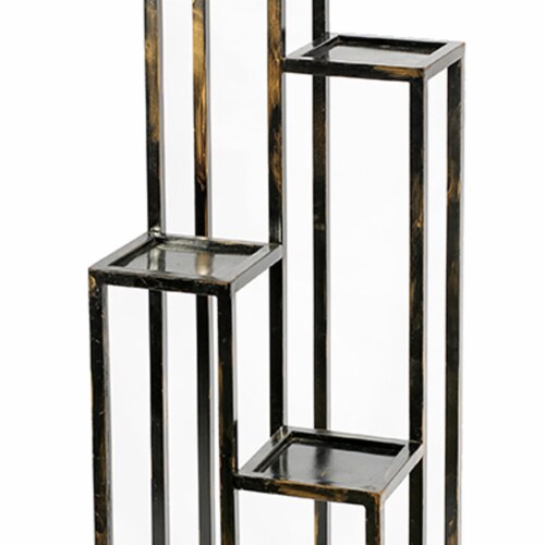 Benjara BM216736 4 Tier Cast Iron Frame Plant Stand with Tubular Legs, Black & Gold Perspective: top