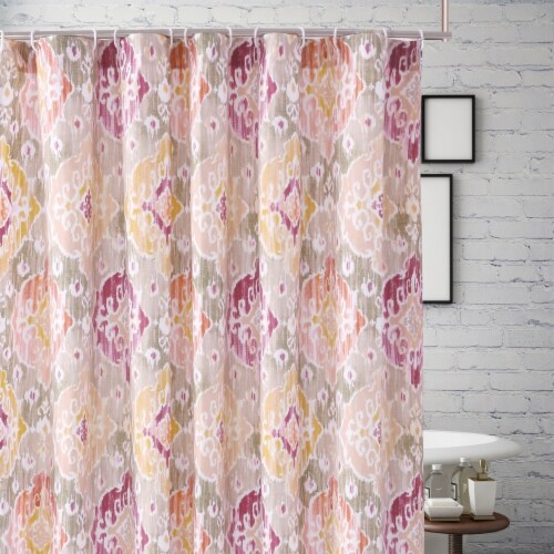 Fabric Shower Curtain with Medallion Pattern and Button Holes, Multicolor- Saltoro Sherpi Perspective: top