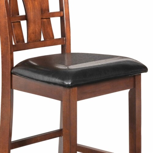 Bulged Wooden Backrest Counter Chair with Leatherette Seat, Brown and Black Perspective: top
