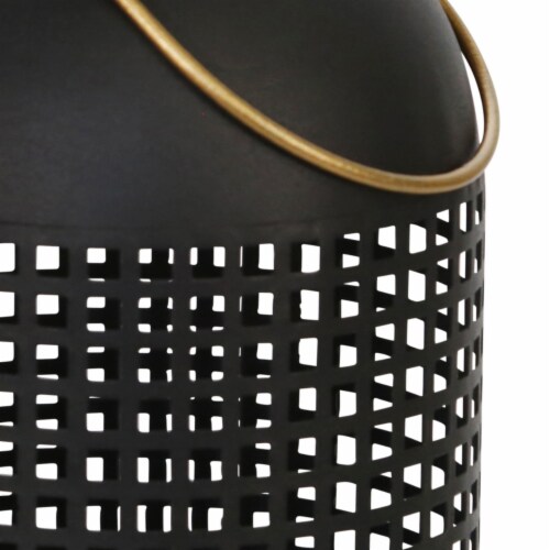11 Inches Metal Lantern, Modern, Cage Design, Handle, Black and Gold- Saltoro Sherpi Perspective: top