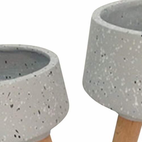 Ceramic Body Planter with Wooden Angled Legs, Set of Two, Gray and Brown- Saltoro Sherpi Perspective: top