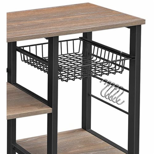 Wooden Bakers Rack with 4 Shelves and Wire Basket, Brown and Black- Saltoro Sherpi Perspective: top