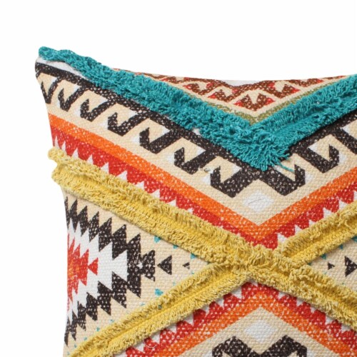 18 x 18 Handwoven Cotton Accent Pillow with Lace Embellishment, Multicolor Perspective: top