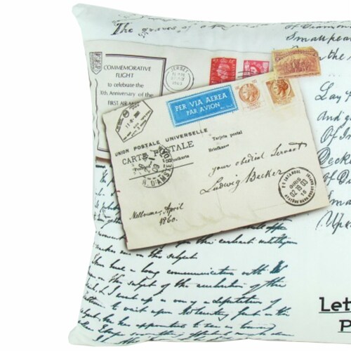 Fabric Decorative Pillow With Postcard Prints, White Perspective: top