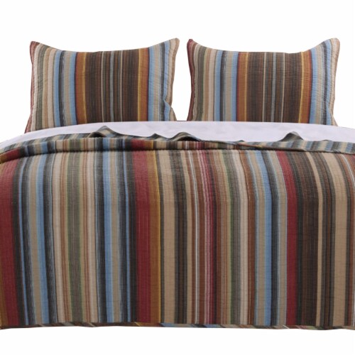 Phoenix Fabric 3 Piece Queen Size Quilt Set with Striped Prints, Multicolor Perspective: top
