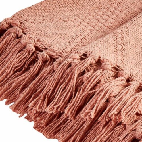 Lyon Fabric Throw with Textured Waffle Weave Design The Urban Port, Set of 2, Beige- Saltoro Perspective: top