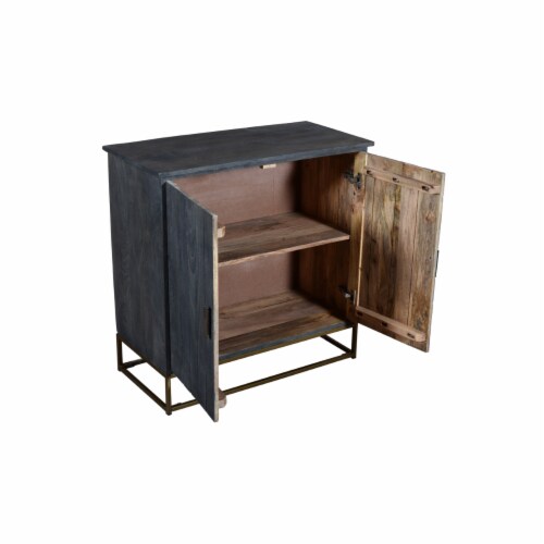 Plank Design 2 Door Mango Wood Storage Cabinet with Metal Base in Gray Perspective: top