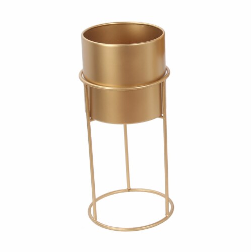 3 Piece Round Metal Planter with Tubular Base, Gold- Saltoro Sherpi Perspective: top