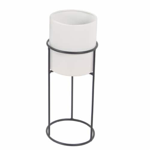 3 Piece Round Metal Planter with Tubular Base, White and Black- Saltoro Sherpi Perspective: top