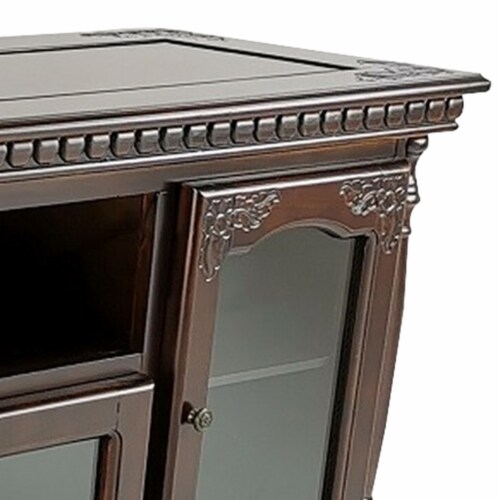 TV Stand with 4 Glass Doors and Turnip Feet, Brown Perspective: top