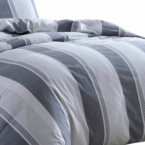 3 Piece King Comforter Set with Broad Stripes, Gray- Saltoro Sherpi Perspective: top