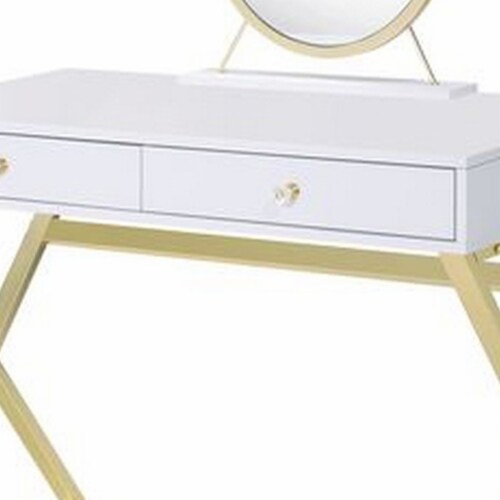 Vanity Desk with Removable Mirror and Cross Metal Legs, White and Gold- Saltoro Sherpi Perspective: top