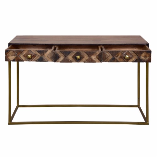 51 Inch 3 Drawer Mango Wood Console Table, Diamond Textured Panels, Metal Frame, Brown Perspective: top