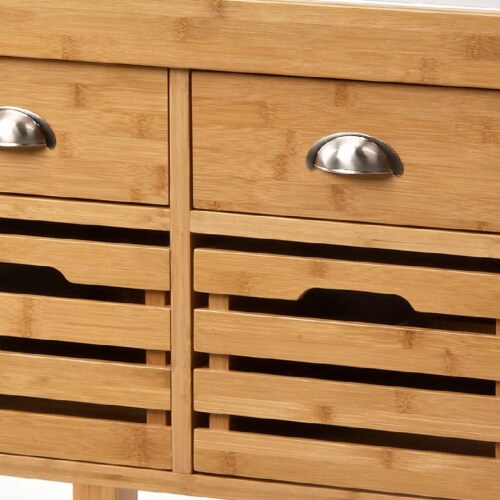 36 Inch Bamboo Kitchen Cart Island, 2 Drawers, Stainless Steel Top, Brown- Saltoro Sherpi Perspective: top