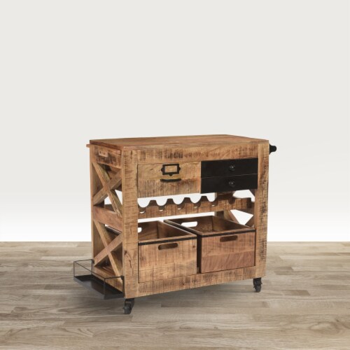 31 Inch Handcrafted Rustic Mango Wood Bar Cart Trolly with 3 Drawers and 6 Wine Bottle Perspective: top