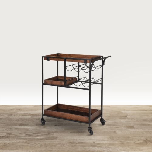 30 Inch Handcrafted Mango Wood Bar Serving Cart with Caster Wheels, 6 Bottle Holders, Tray Perspective: top