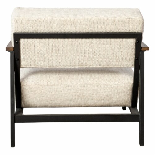 31 Inch Upholstered Accent Chair, Oak Wood Arms, Metal, Beige, Black Perspective: top