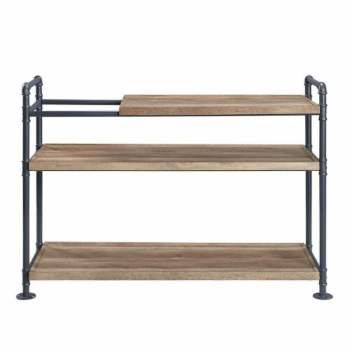 Ley 48 Inch 3 Tier Industrial Style Bookshelf, Metal, Brown, Black- Saltoro Sherpi Perspective: top