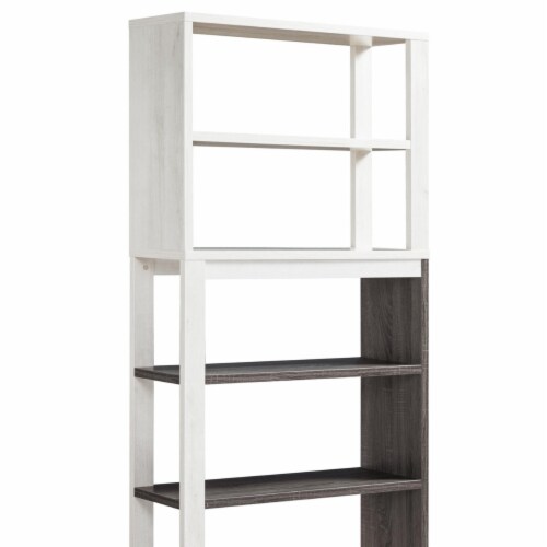 Crew 69 Inch 5 Tier Wood Bookcase Unit, Modern Open Design, Oak White, Gray Perspective: top