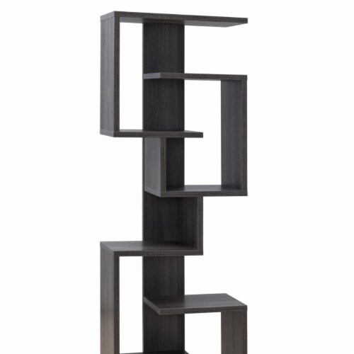 Andy 72 Inch Wood Bookcase, Geometric 7 Multi Layered Shelves, Gray Perspective: top