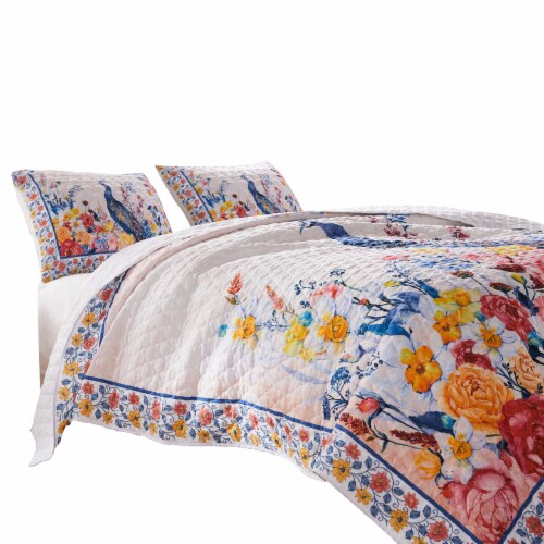Tess Microfiber 2 Piece Twin Quilt Set, Peacock, Floral Print, Multicolor Perspective: top