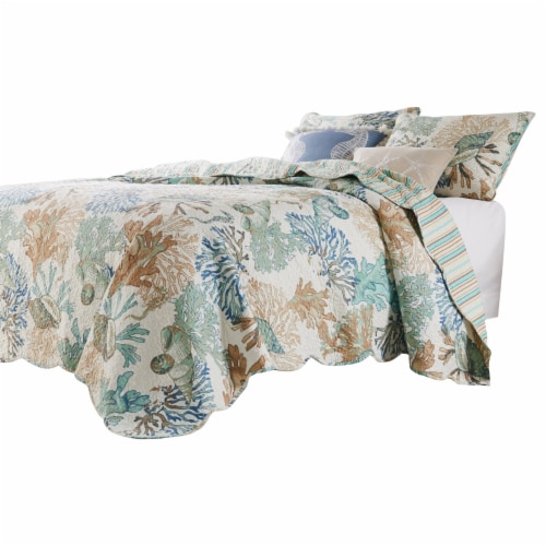 Wade 5 Piece King Quilt Set, Ocean Design, Scalloped Edges, Floral Pattern Perspective: top