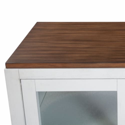 Dan 37 Inch Accent Storage Cabinet, Window Pane Sliding Door, Brown, White- Saltoro Sherpi Perspective: top