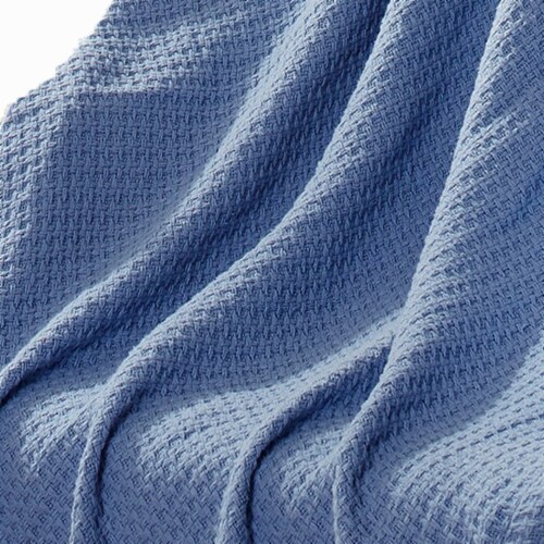 Nyx King Size Ultra Soft Cotton Thermal Blanket, Textured Feel, Denim Blue- Saltoro Sherpi Perspective: top