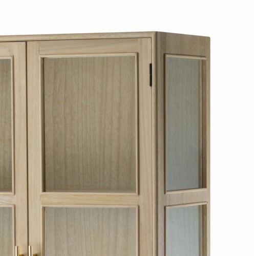 Dana 63 Inch Tall Cabinet, 2 Glass Doors, 1 Drawer, Natural Pine Wood- Saltoro Sherpi Perspective: top