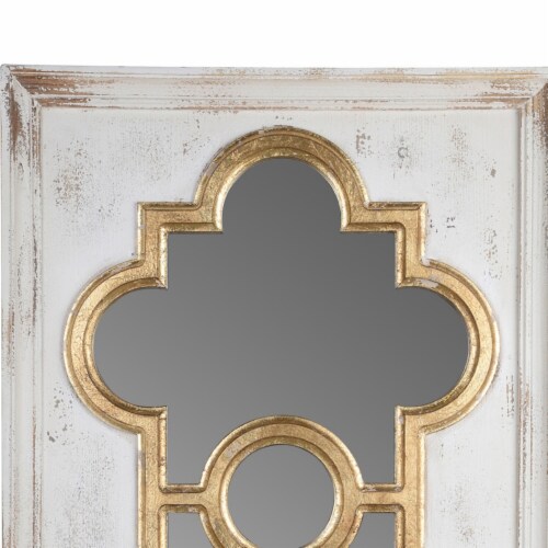 58 Inch Decorative Accent Mirror, Gold Ornate Trim over White Fir Wood- Saltoro Sherpi Perspective: top