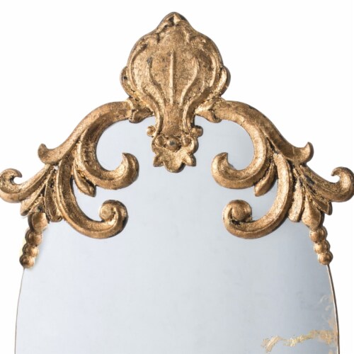 Vic 26 Inch Oval Wall Mirror, Ornate Scrolled Wood Frame, Gold Finish- Saltoro Sherpi Perspective: top