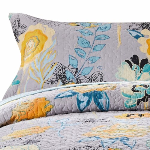 Minsk 20 x 36 King Size Pillow Sham, Yellow Flowers, Gray Cotton Fabric- Saltoro Sherpi Perspective: top