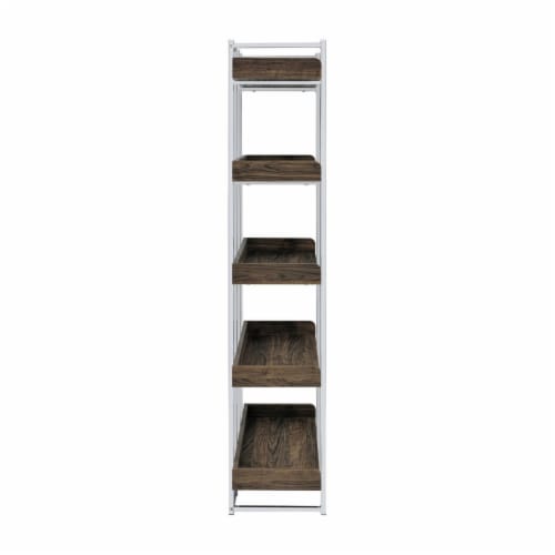 Pam 70 Inch Bookcase, 5 Wood Shelves with Raised Edges, Chrome Metal Frame- Saltoro Sherpi Perspective: top